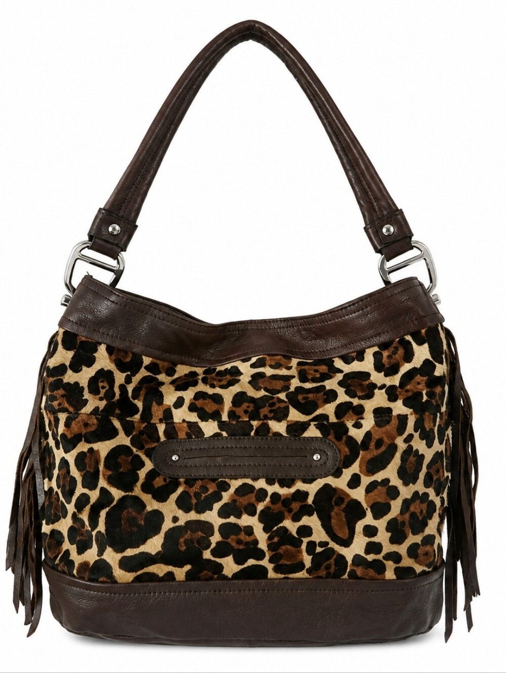 B Makowsky Leopard Calf Hair Leather Hobo Shoulder Bag Fringe Western Boho